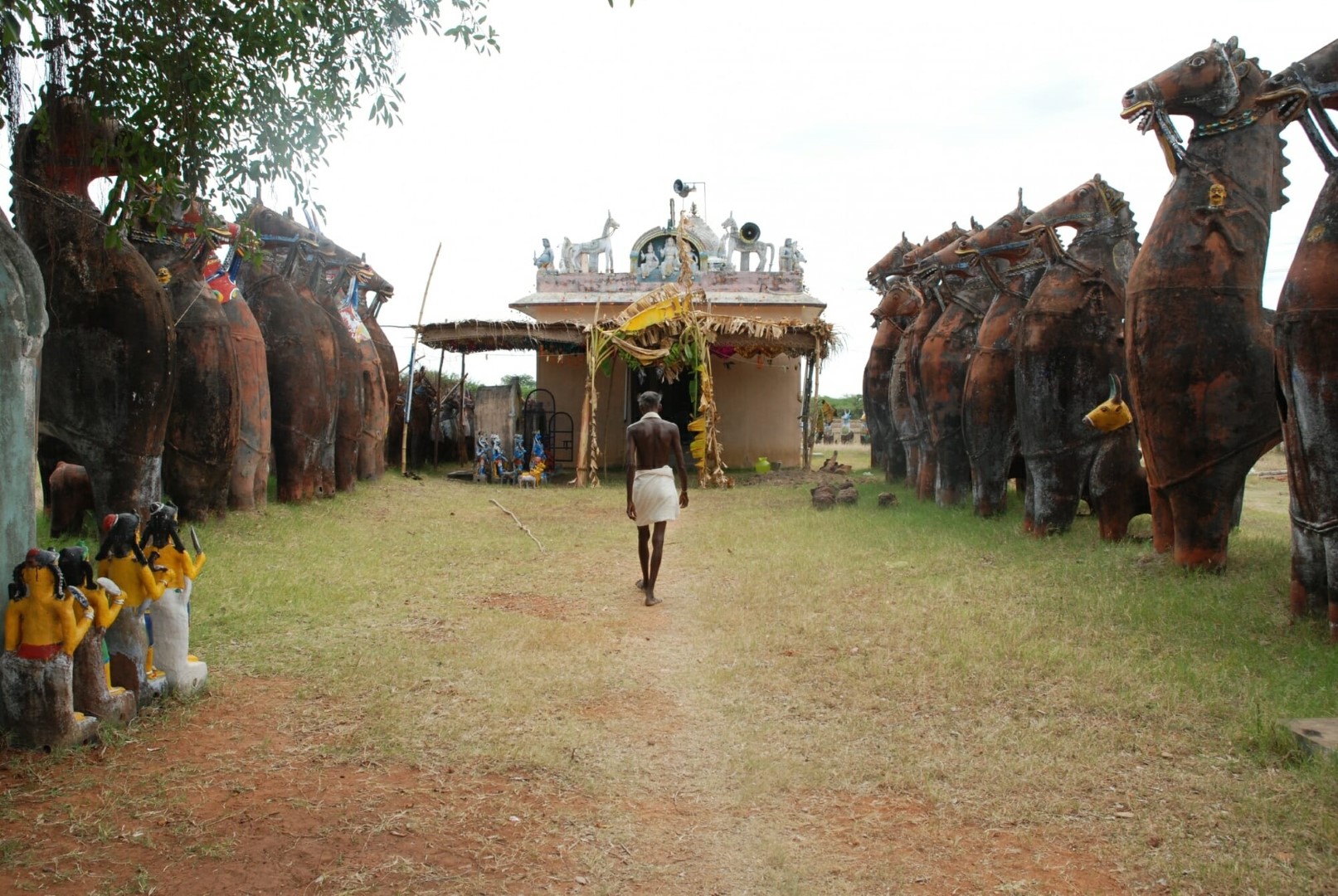 <span style="font-weight:normal;">Mayakrishna, the priest at Kuthadivayal, walking toward the shrine's small temple. Leading up to the shrine are the largest terracotta offerings currently made in Tamil Nadu: each year, a six-metre-high horse is created by the potters in Aranthangi and given to Ayyanar.</span>